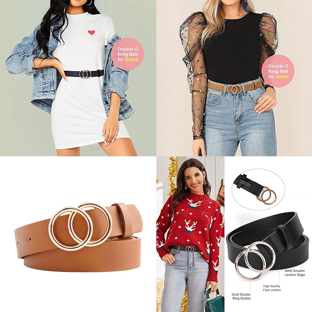 Cinturón de imitación de aleación y cuero para mujer, cinturón con hebilla de doble círculo, botón, vaqueros de ocio, cinturón de para vestido