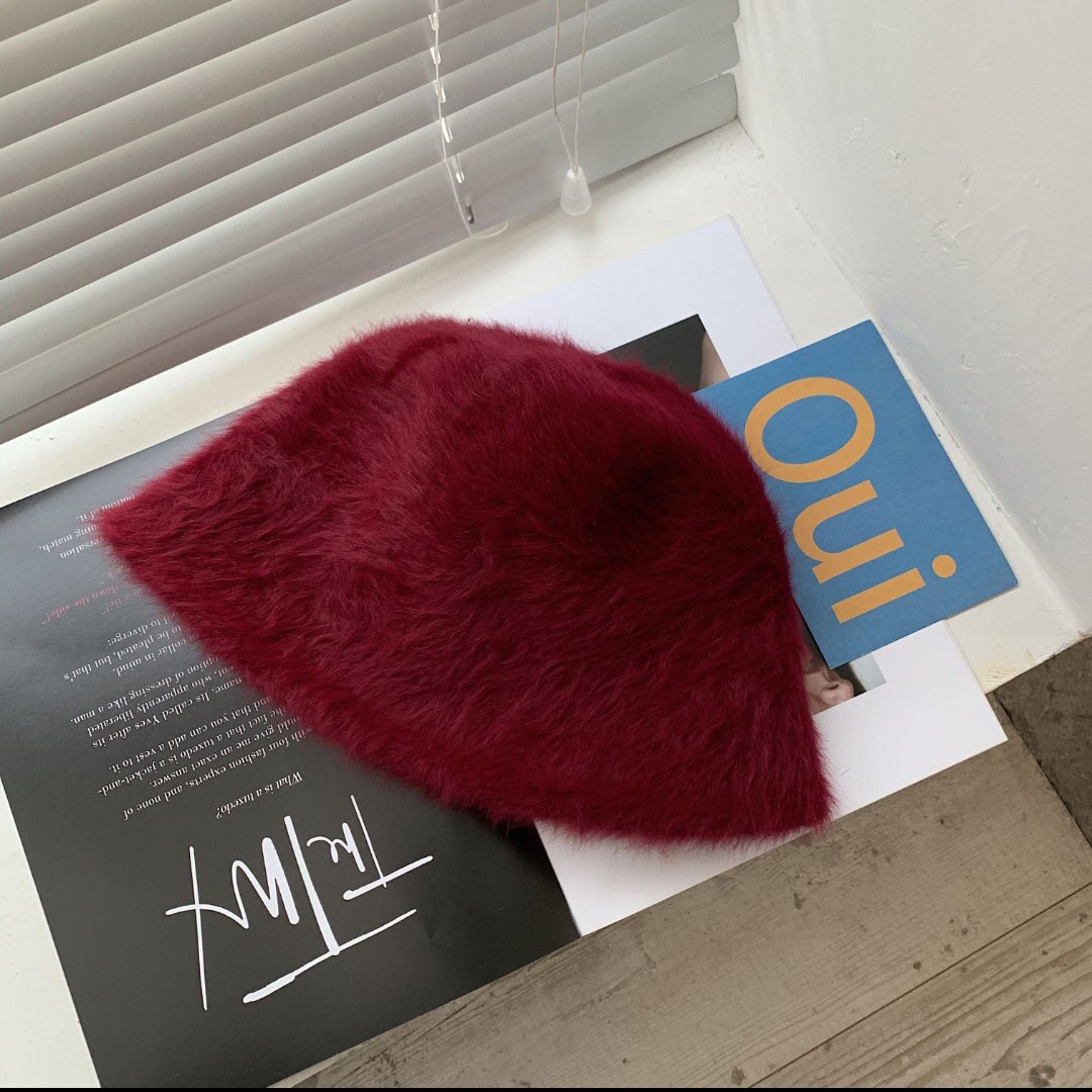 Sombrero de pelo de conejo para mujer, sombrero de pescador de felpa del Joker, versión coreana, muestra la cara, sombrero de cubo pequeño, sombrero de lavabo de día cálido: Wine