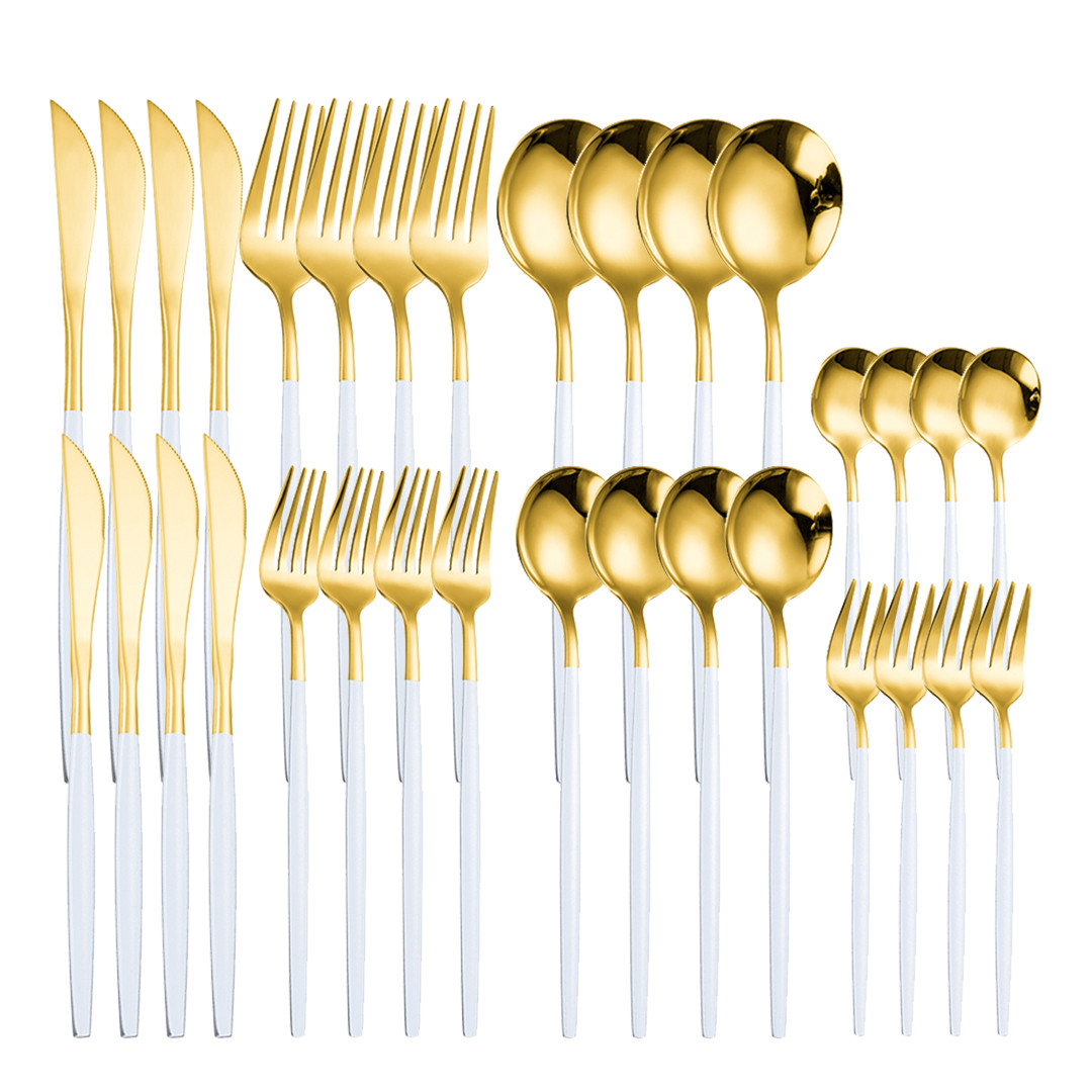 Pink Gold 32Pcs Cutlery Set Stainless Steel Dinnerware Mirror Resueable Luxury Home Knife Spoon Fork Tableware Set Flatware Set: white gold 4sets