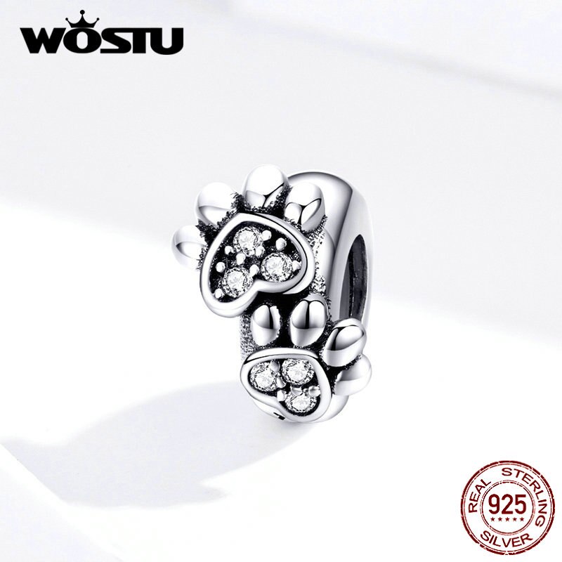 WOSTU 925 Sterling Silver Silicone Stopper Spacer Paw Dog Footprint Beads Charms Fit Original Bracelet Jewelry CQC1312