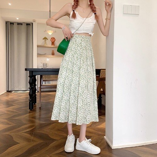 Jupe plissée à fleurs pour femmes, Style coréen, taille haute, Slim, décontractée, longue, été: Green / L