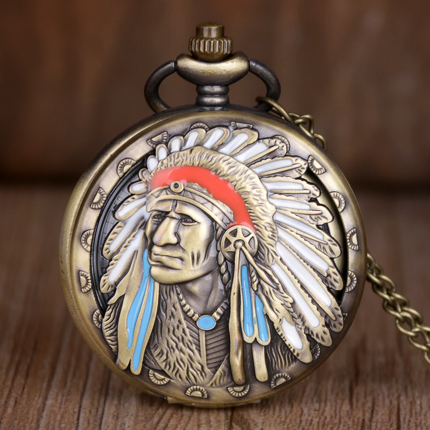 Bedste salg gamle indiske gamle mand farverige portræt kvarts fob lommeur bronze vedhæng halskæde kæde souvenir
