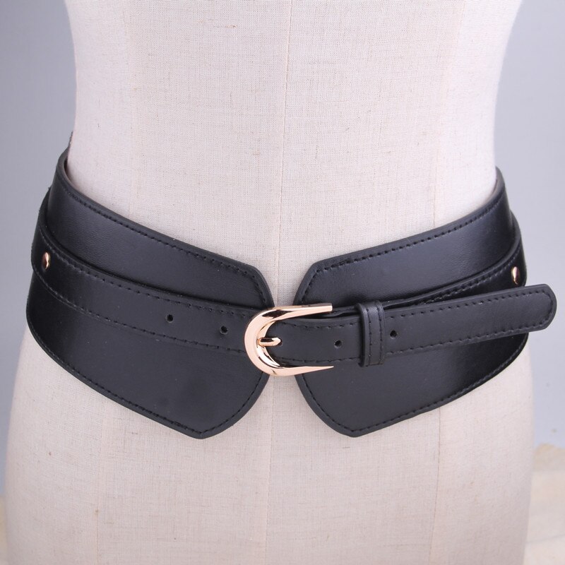 Cinturones elásticos anchos para mujer, corsé con hebilla en la cintura, accesorios de ropa, decoraciones femeninas de cuero PU rojo: Negro