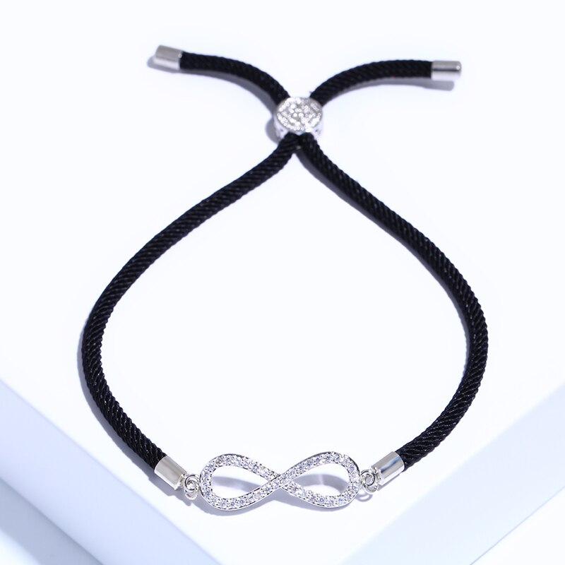 Flola Lucky Infinity Charm Armband Met Zirkoon Zwarte String Verstelbare Armband & Dangle Voor Vrouwen Armbanden Pulseras Brta66: Silver(Black rope)