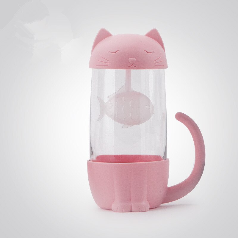 Sød kat glas kop te krus med fisk infusionsfilter filter hjemmekontorer filter kop tegneserieflasker: Lyserød