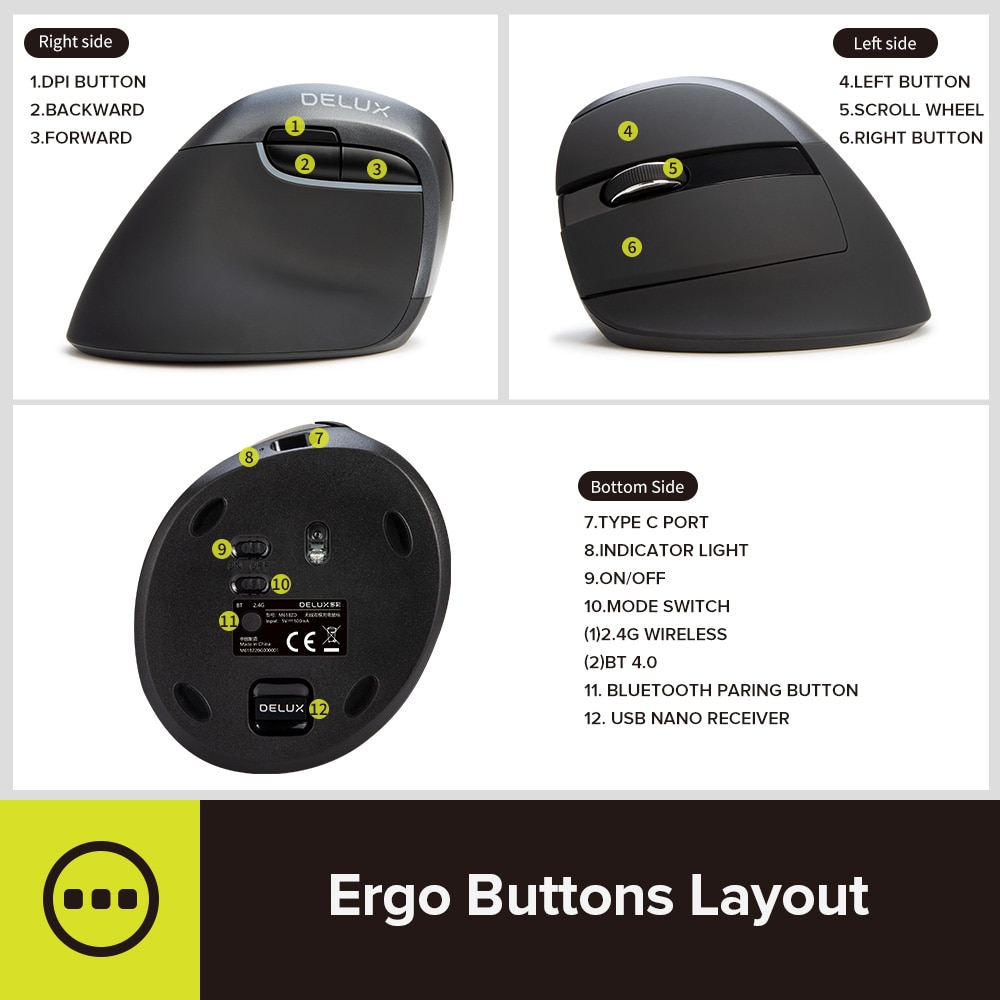 Delux M618ZD Left Hand BT Wireless Mouse Ergonomic Optical Rechargeable Mice For Computer