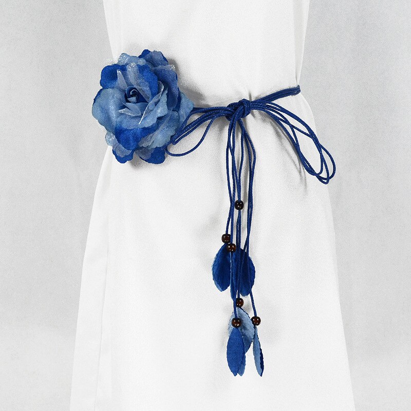 Big Flower Thin Belt Fine Womens Dress Chain Tassel Casual Waist Belt Chiffon Braid Decoration Handmade Sweet Flower: Blue