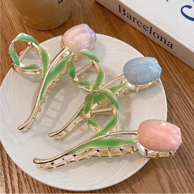 Flower Metal Hair Claw para Mulheres e Meninas, Elegante Multicolor Tulip Hairclip, Ponytail Bun Hairpins, Maquiagem Washing Face, Fashion Gifts