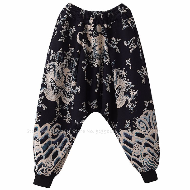 Hanfu-traje chino tradicional Tang para hombre, pantalones de dibujo de dragón de pierna ancha, pantalones holgados informales de algodón coreano, Kimono de estilo japonés