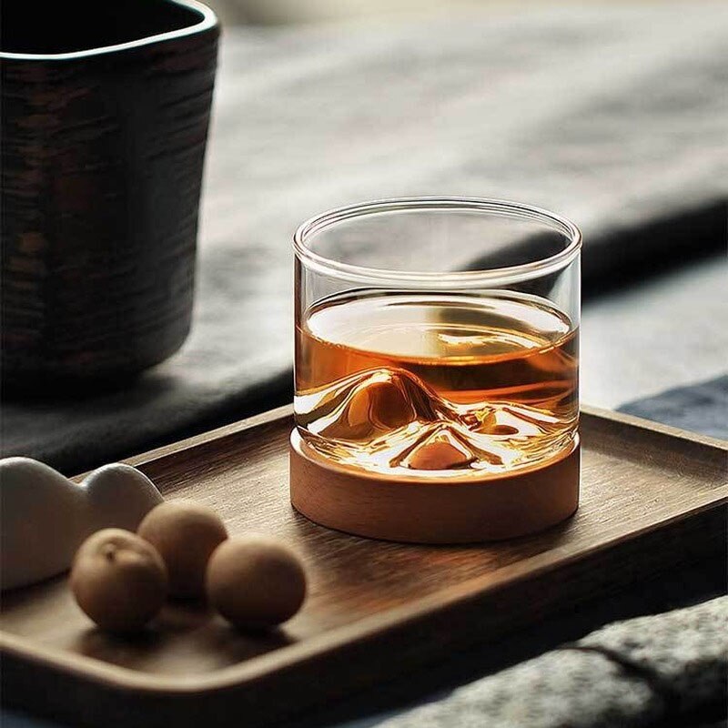 Mountain Whiskey Glass Cup Minimalist Wooden Base Rocks Beer Wine Glasses Juice Cup Bar Hotel Drinkware
