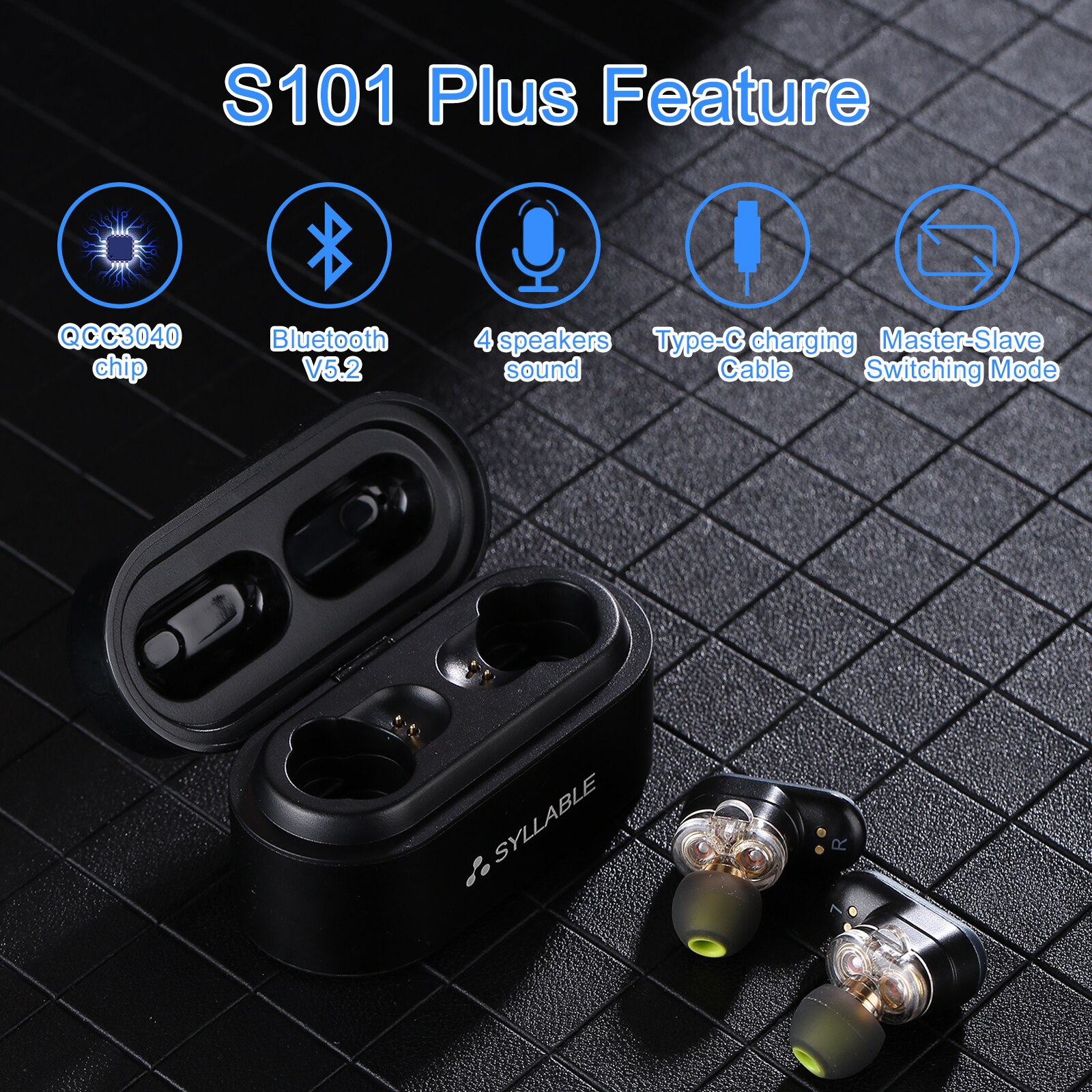 SYLLABLE – écouteurs Bluetooth V5.2 S101 Plus TWS, puce QCC3040, oreillettes sans fil, 12 heures, stéréo, forte basse,