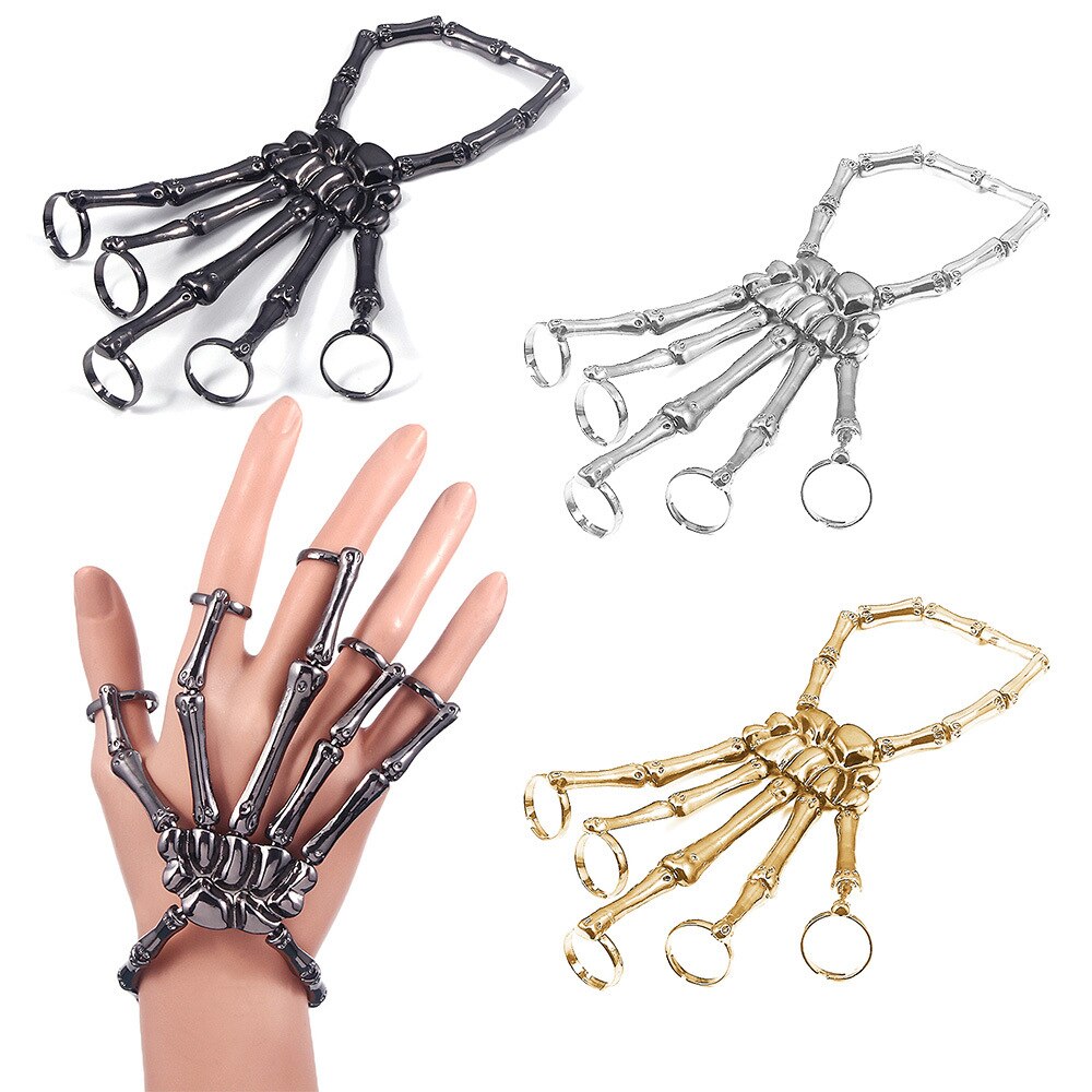 Punk Bracelet For Men Gothic Hand Chain Skull Skeleton Five Fingers Rings Adjustable Couples Women Bracelet Halloween Jewelry