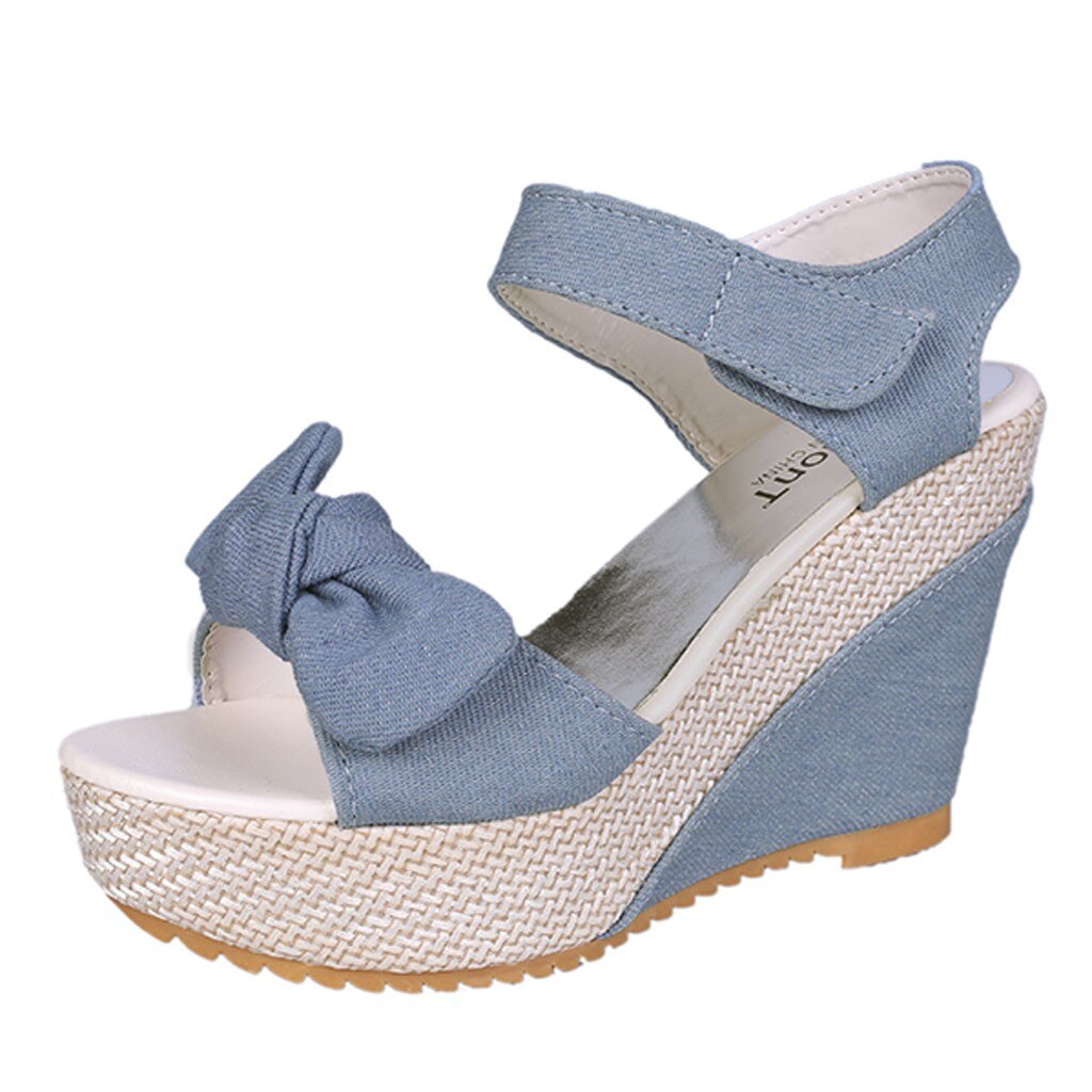 Denim sandales femmes sandales de compensées talons hauts Peep-Toe plate-forme chaussures femme fond épais sandales: Blue / 35