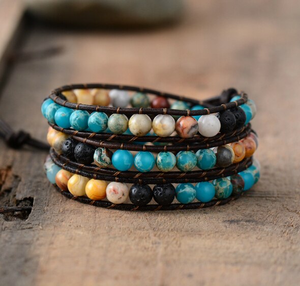 Bracelets Bangles Women 6MM Natural Stone Lava Beads 3 Strands Wrap Bracelets Multilayer Boho Leather Bracelet