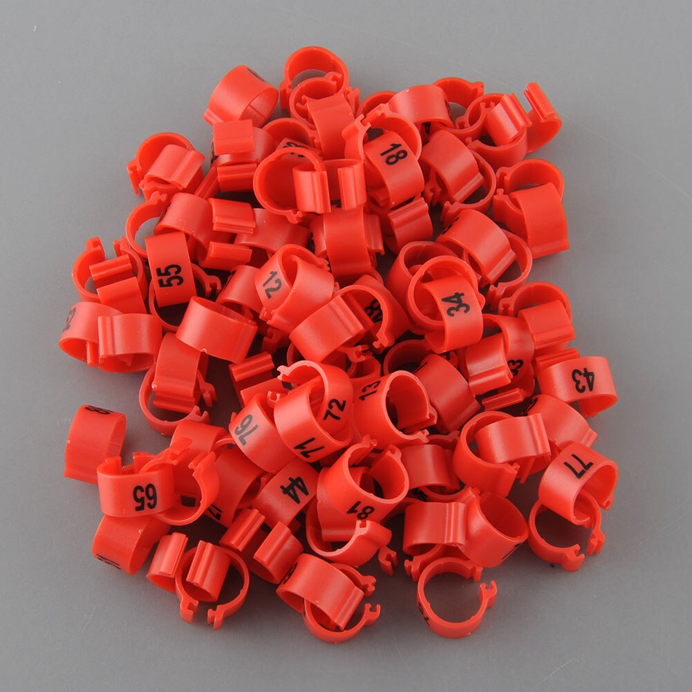 100Pcs 10.5mm Poultry Leg Bands Bird Pigeon Parrot Duck Hen Rings Clip 1-100 Numbered Poultry Leg Rings 10 Colors Pet Product: red