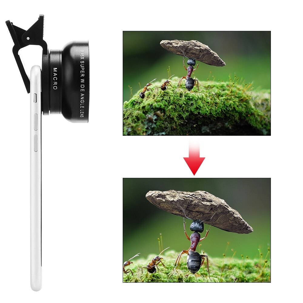 Lente de teléfono móvil con 2 funciones, lente gran angular de 0,45x y macro hd de 12,5x, cámara universal con clip de lente para teléfono iphone y android