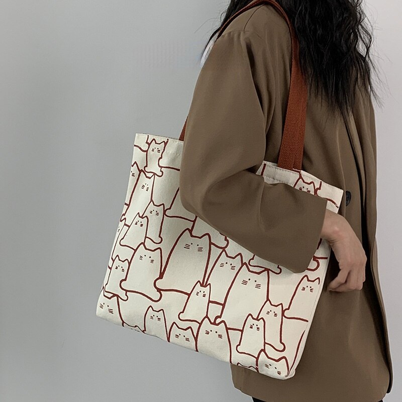 Sac à main en toile de grande capacité pour femmes, fourre-tout avec fermeture éclair, motif chat mignon, petit sac à bandoulière de styliste de Style japonais: White