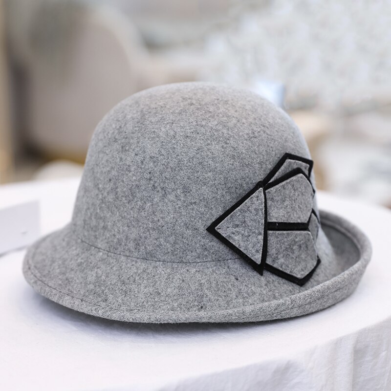 H291 Ladies Wool Fedoras Hat Women Fall Winter Korean Woolen Felt Cap Female British Retro All-match Cloche Church Caps: Gray