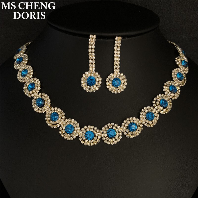 Luxury Royal Blue Crystal Bridal Jewelry Sets Rhinestone Statement Choker Necklace Earrings Women Wedding Jewelry Sets: 14