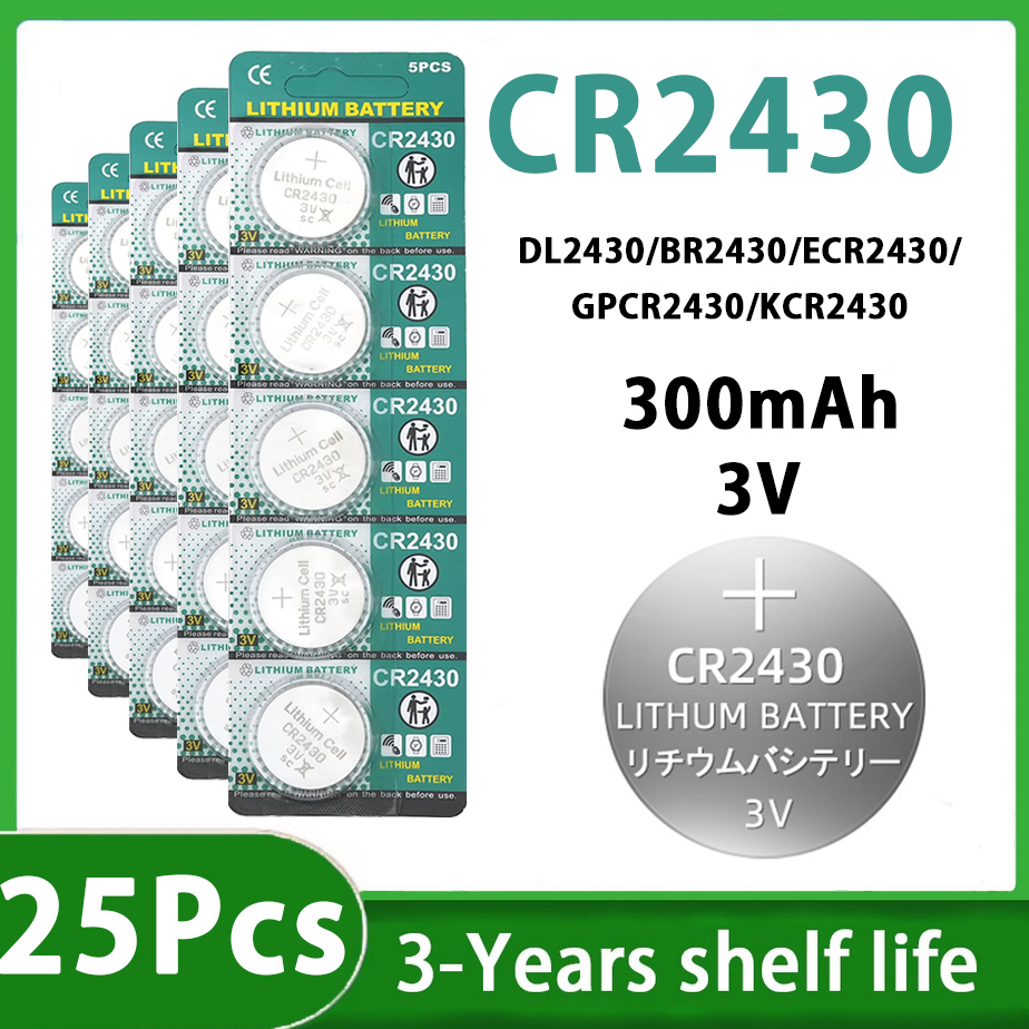 Batteria a bottone al litio CR2430 3V da 5-100 pezzi, 385mAh ad alta capacità, per calcolatrice, orologio, giocattolo, DL2430 BR2430: verde