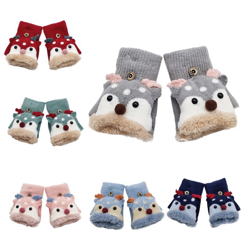 freundlicher Handschuhe freundlicher Baby Winter Strick Verdicken Nette Karikatur Hirsch Vielseitig Baumwolle halb-Finger Handschuhe Fäustlinge Warme 4-8Y Neue