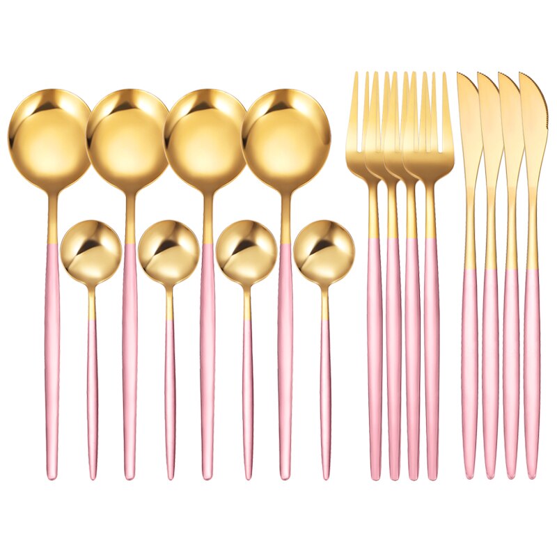 16Pcs/Set White Gold Cutlery Set Knives Forks Tea Spoon Dinnerware Flatware Stainless Steel Silverware Kitchen Tableware Set: 16 Pcs Pink Gold