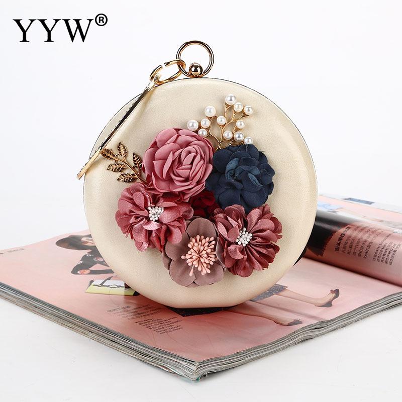 Roze Ronde Bloem Clutch Bag Womens Circulaire Ring Handtas Plastic Parel Strass Bruiloft Purse Pochette Femme: apricot