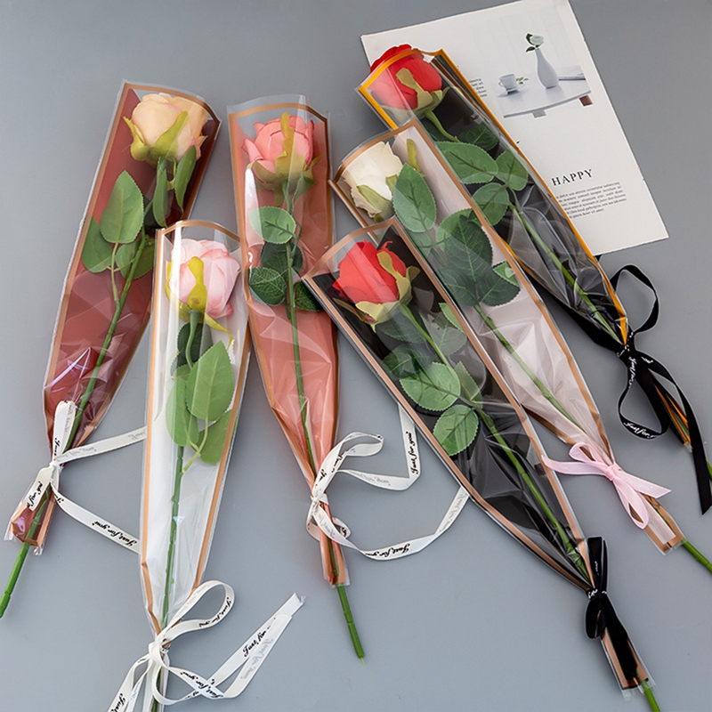 50 Uds. Bolsa para envolver flores con mangas de una sola rosa, bolsas de embalaje para ramo, envoltorios florales de celofán transparente para el Día de San Valentín