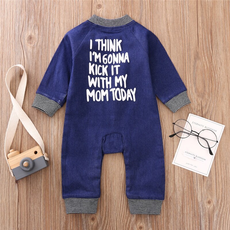 Baby Casual Wear Lange Mouwen Denim Jumpsuit Met Terug Brief Afdrukken Voor Peuters Meisjes Jongens Herfst Lente Rompertjes 0-12 Maanden