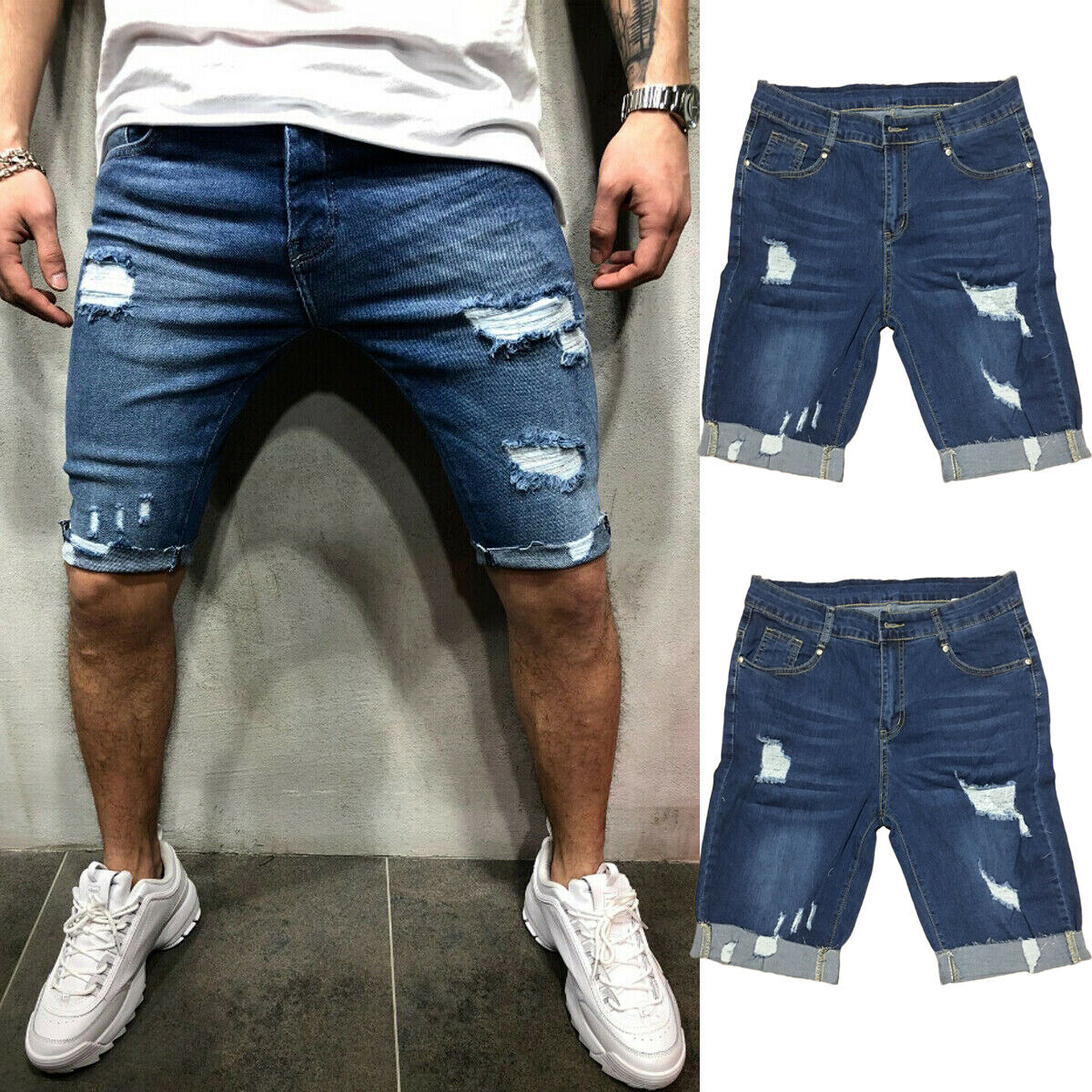 Miesten ahdistunut rip värillinen farkut lyhyt housut denim repäisi shortsit rento fit housut plus koko