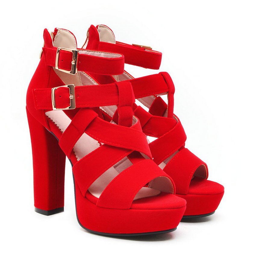 Qutaa dam sandaler fyrkantig superhög klack peep toe scrub dubbelspänne gladiator sexiga damer pumps plattform 3.5cm storlek 34-43: Röd / 5