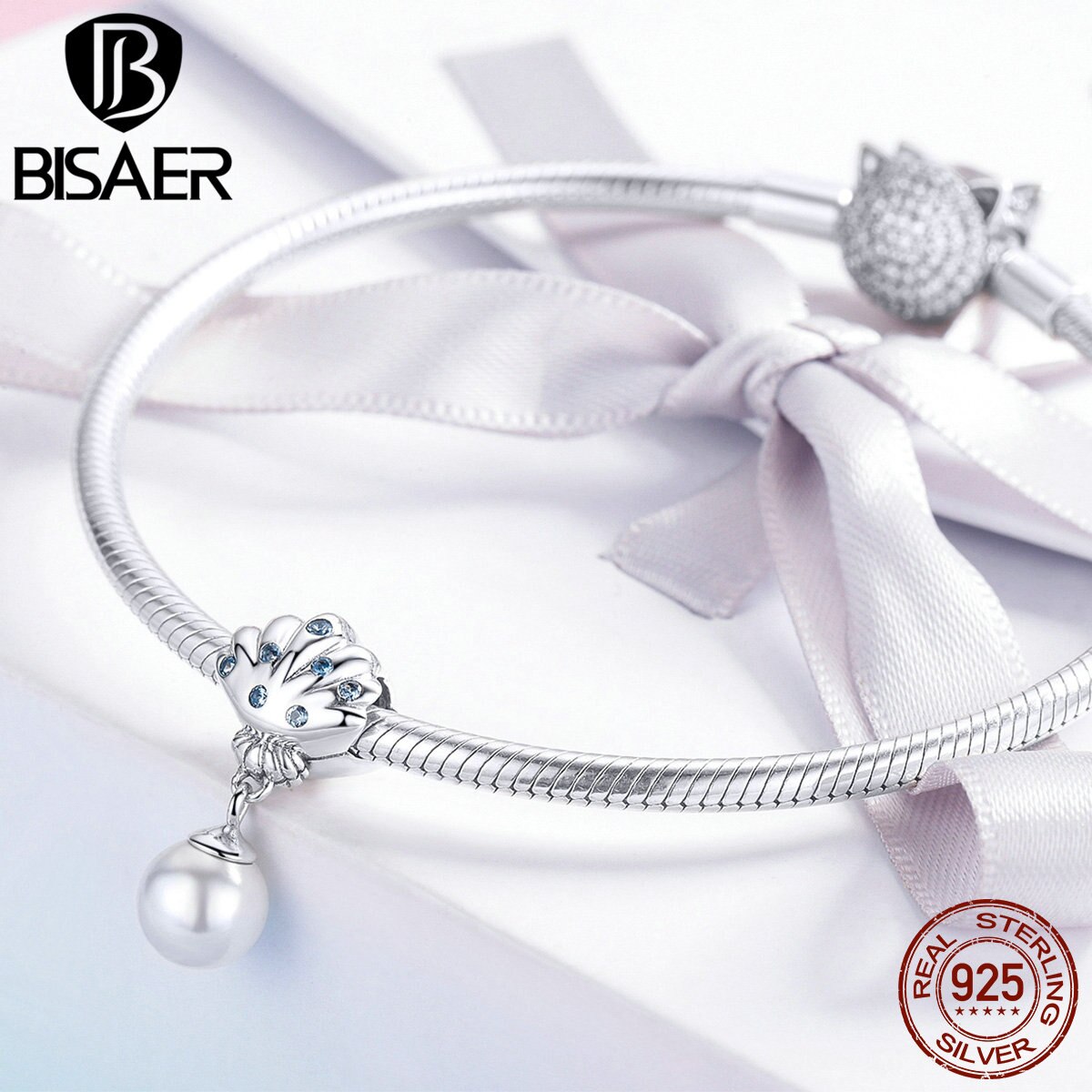 BISAER 100% 925 Sterling Silver Happiness Charms Freshwater Pearl Shell Beads fit for Bracelets DIY Jewelry Mother ECC1155