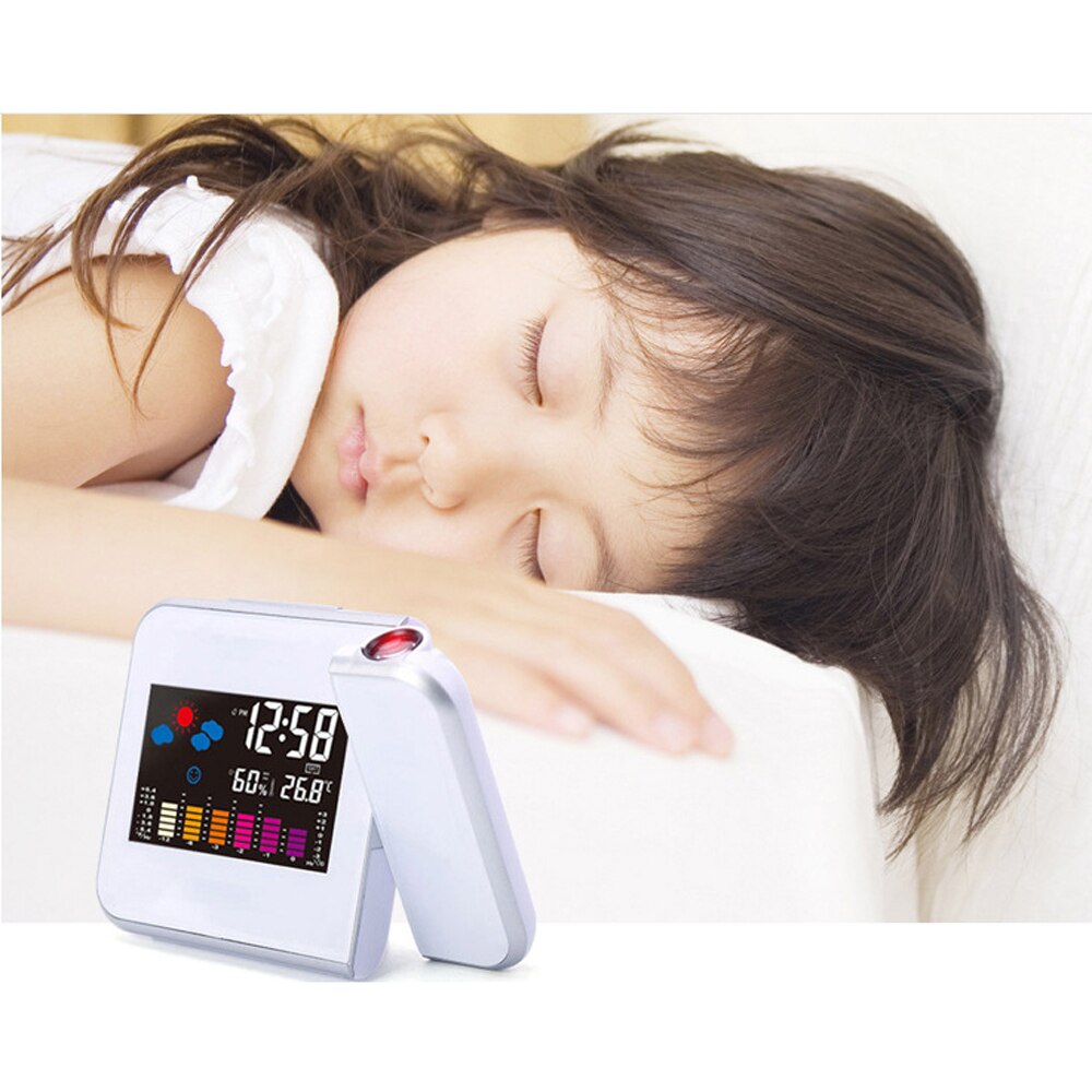 LED Digital Projection Alarm Clock Temperature Thermometer Humidity Hygrometer Desk Time Projector Calendar Colorful Idea