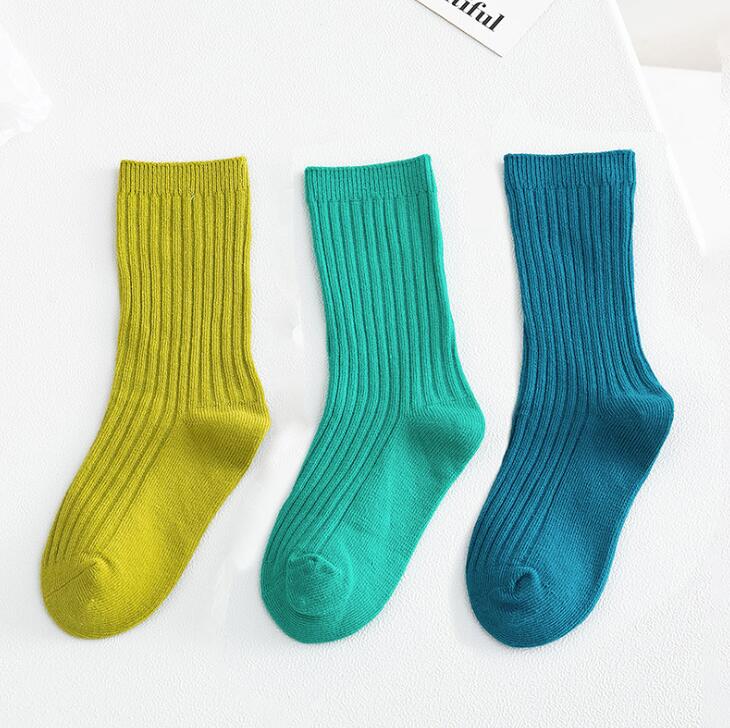 3 Pairs Herfst Winter Kinderen Sokken Jongens Meisjes Zachte Dubbele Naald Katoen Tube Sokken Kids Solid Candy Kleur Sport Sokken: Green / S(1-3 years old)