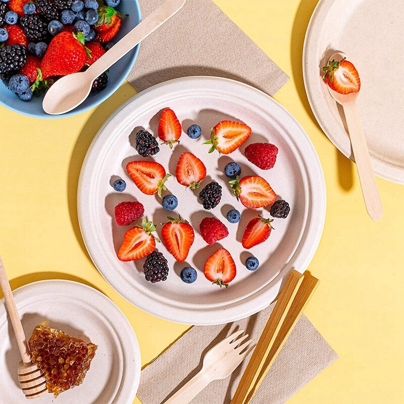 100 Pack 7In Compostable Disposable Round Bagasse Paper Plates,Biodegradable Sugarcane Fibre