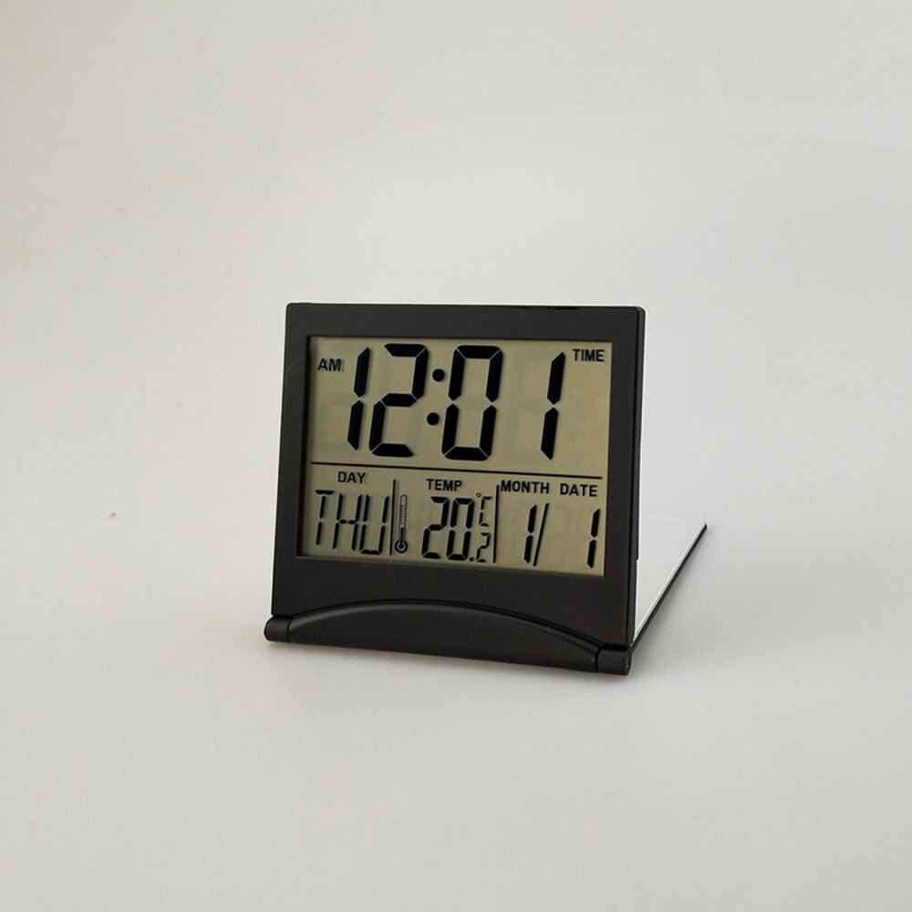 Foldable LCD Digital Alarm Clock Desk Table Weather Station Desk Temperature Travel Ectronic Mini Clock Living Room Decor: Black