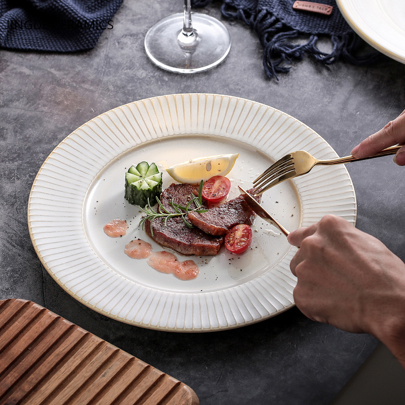 Plato redondo de cerámica para comida occidental, mueble de cocina para el hogar, bandeja para sopa y fideos, , blanco y negro