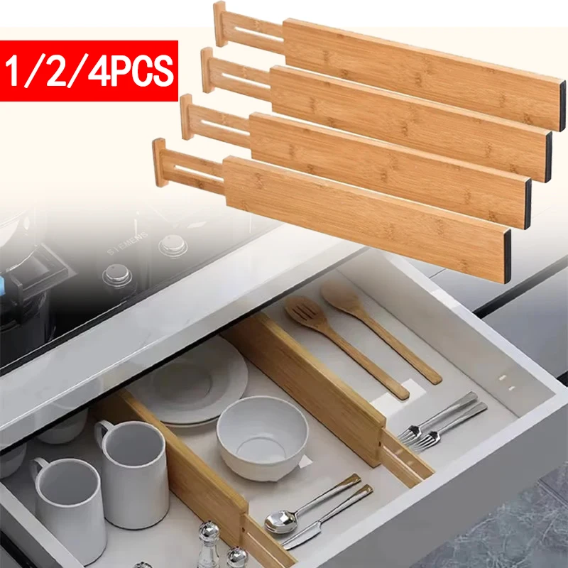 1/2/4Pcs Bamboo Drawer Dividers Organizers Adjustable Expandable Loaded Drawer Separators for Kitchen Bedroom Dresser Organizer