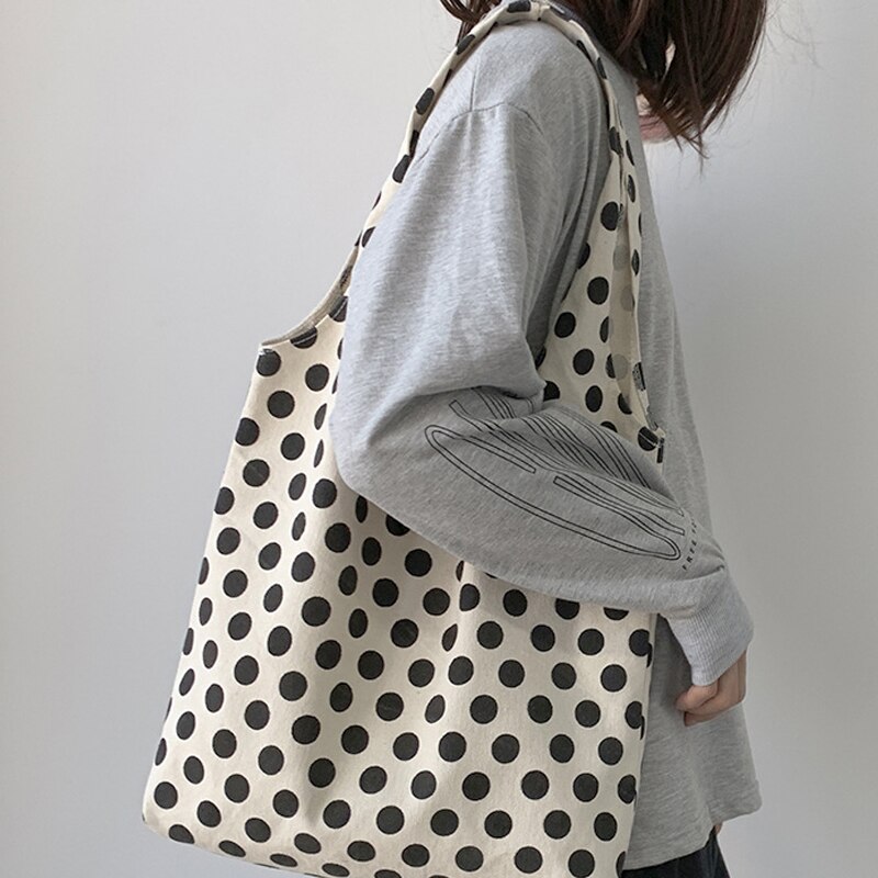 2022 Polka Dot Canvas Schoudertas Student Klasse Tas Eenvoudige Japanse En Koreaanse Stijl Draagbare Boodschappentas