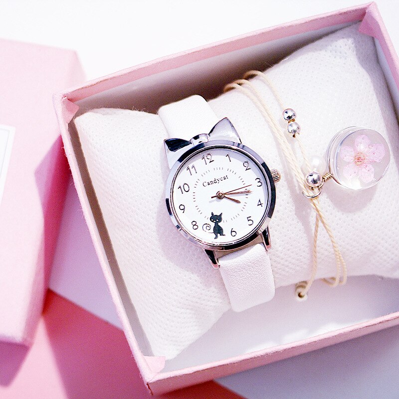 Miss chat noir montre à Quartz femmes bracelet en cuir décontracté montres filles mignon chat cadran forme rose montre-bracelet: White