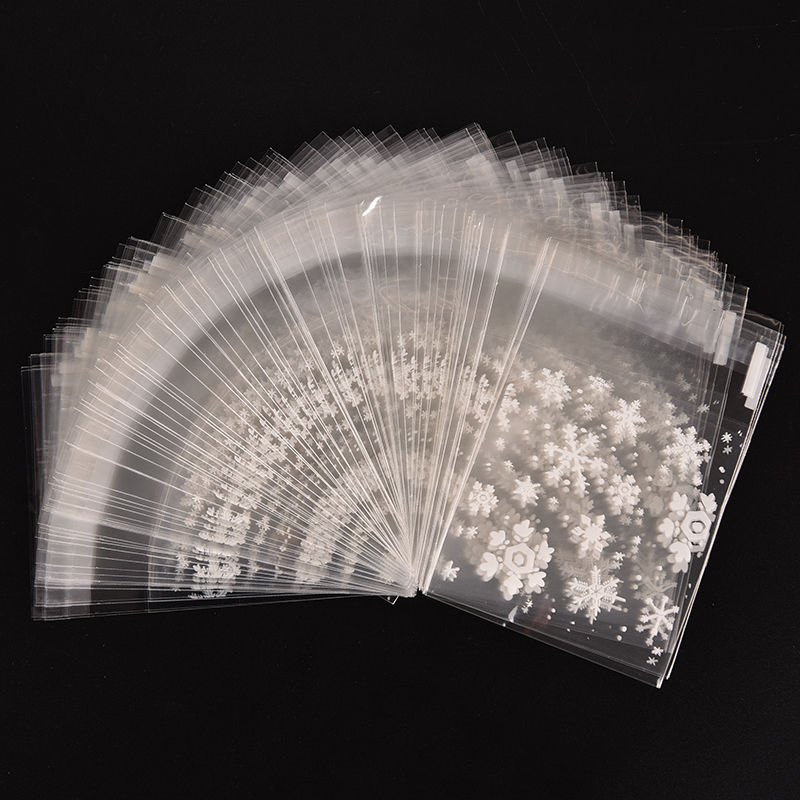 100 st godispåse självhäftande påsar julsnöflinga tryck skrivbordsorganisator klämma hållare påsar