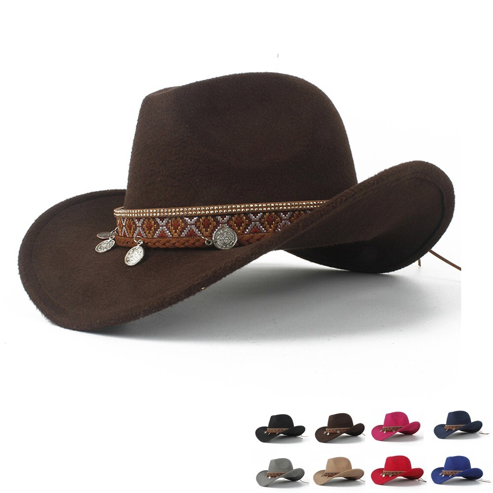 Western cowboyhat til kvinder roll-up skygge dame fascinator outblack sombrero hombre jazz kasket størrelse 56-58