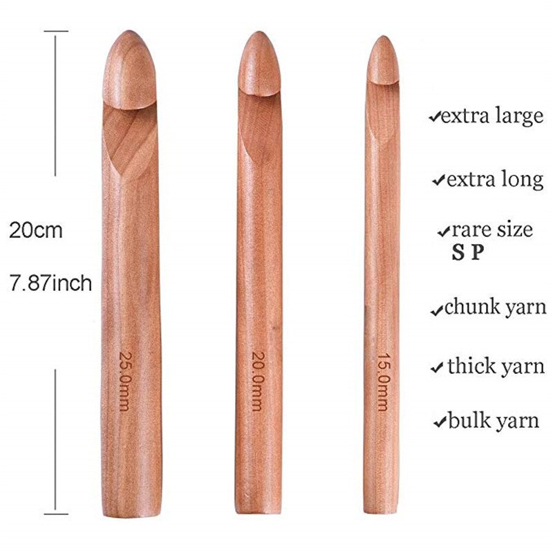 1 pieza, gancho de ganchillo de madera de 15/20/25mm, tamaño grande, gancho de agujas DIY para tejer, manualidades, herramientas de tejer