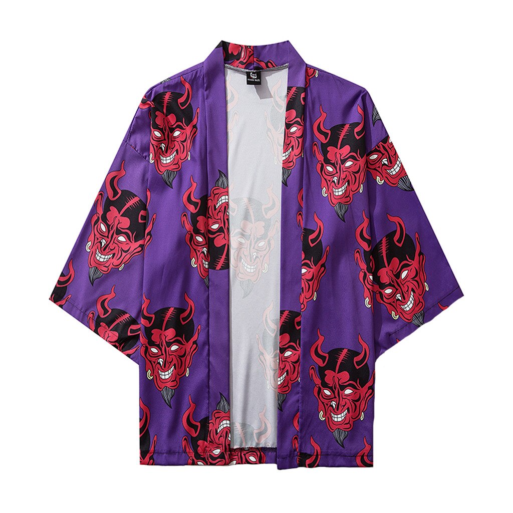 Kimono japonais à manches cinq points, streetwear, chemises diable, impression complète, chemises hawaïennes amples, harajuku, été: VIOLET / XXL