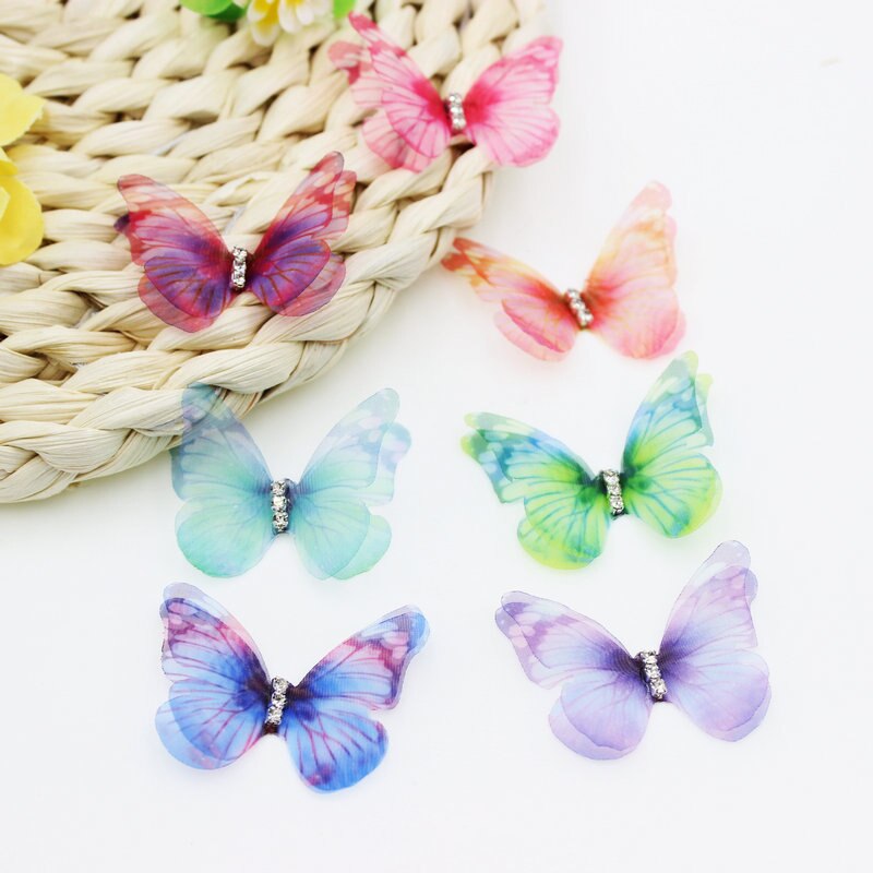 Apliques de mariposa de tela de Organza de Color degradado, 38Mm, mariposa de gasa translúcida para decoración de , adorno de muñeca, 50 Uds.