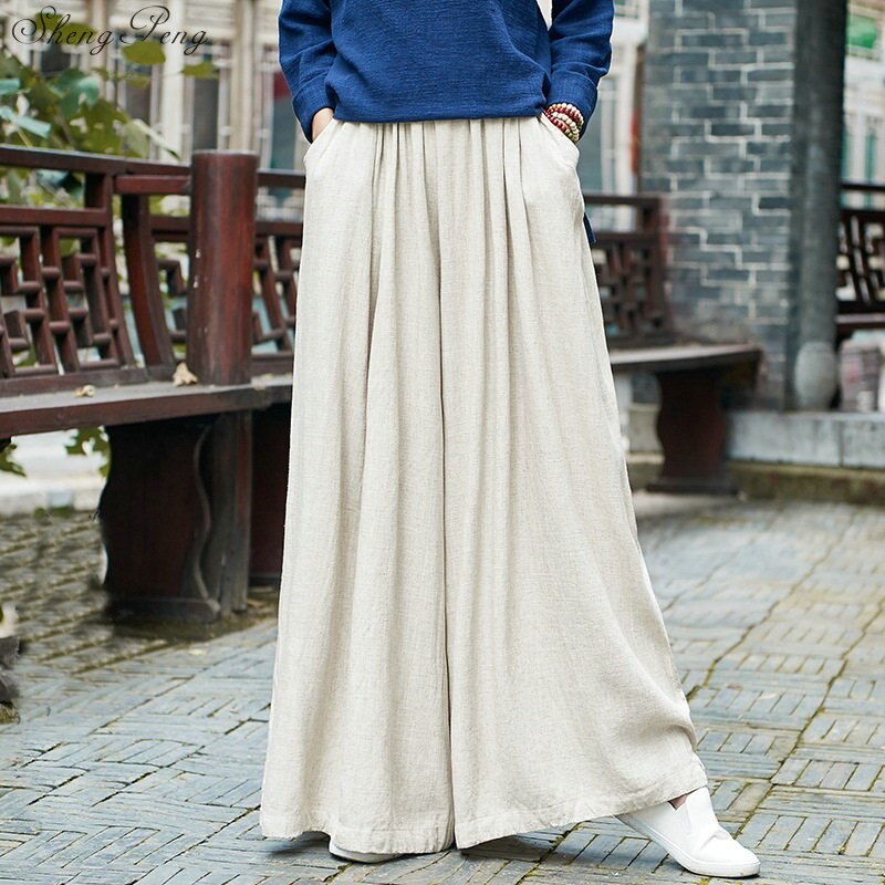 Pantalones de lino de pierna ancha para mujer, pantalón Vintage holgado, con cintura elástica, con bolsillos, de talla grande, para otoño e invierno, V1574,: 1