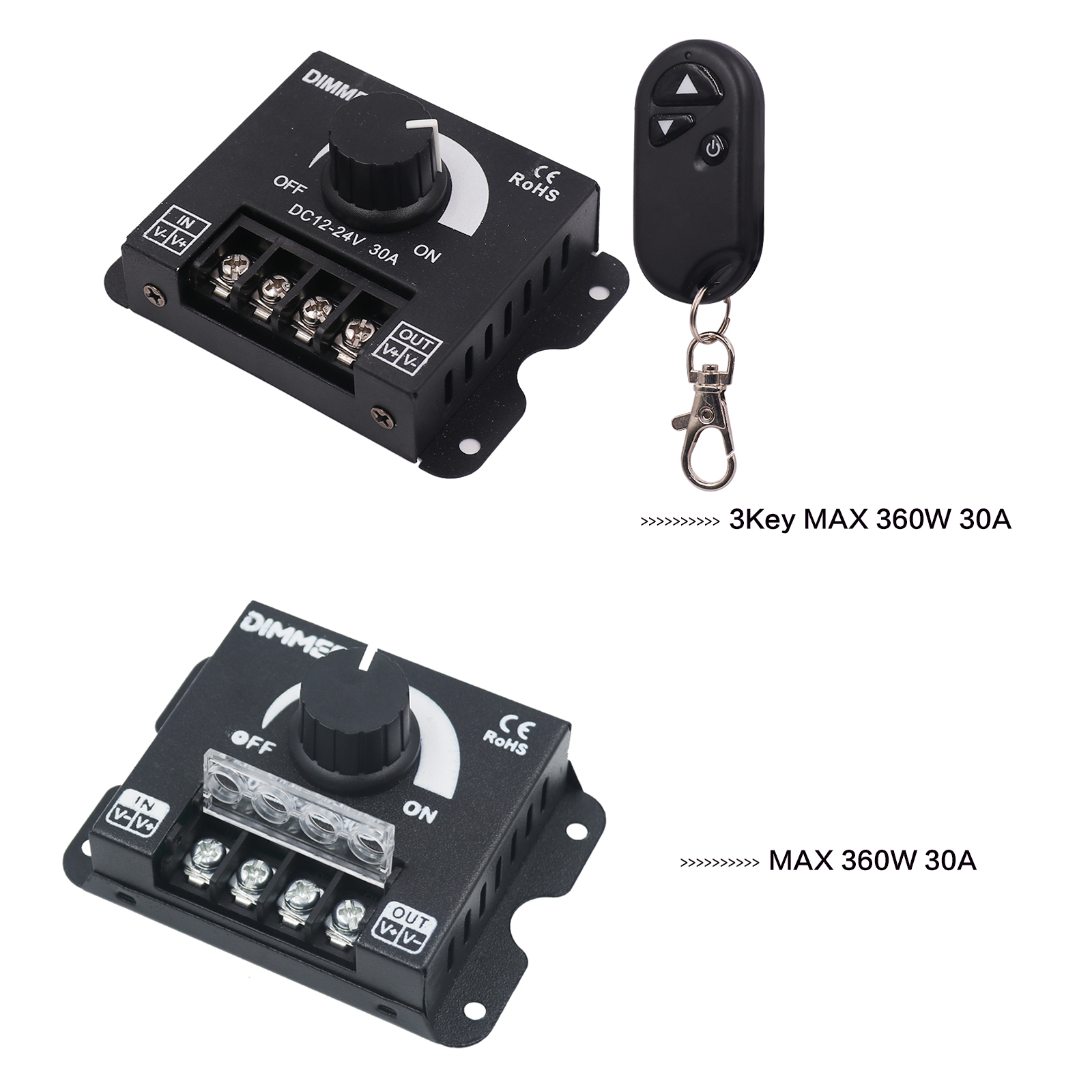 30A LED-Dimmer-Controller DC12-24V für LED-Einfarb-Beleuchtungsschnurstreifen 360 W manuelles Dimmen mit 3-Tasten-RF-Funkfernbedienung