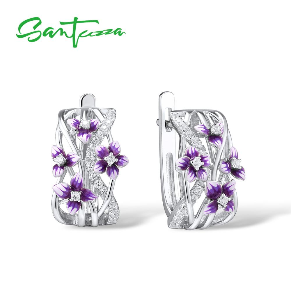 SANTUZZA Orecchini In Argento Per Le Donne Genuine 925 Sterling Silver Delicato Charming Viola Fiore Gioielleria Raffinata Fatti A Mano Smalto