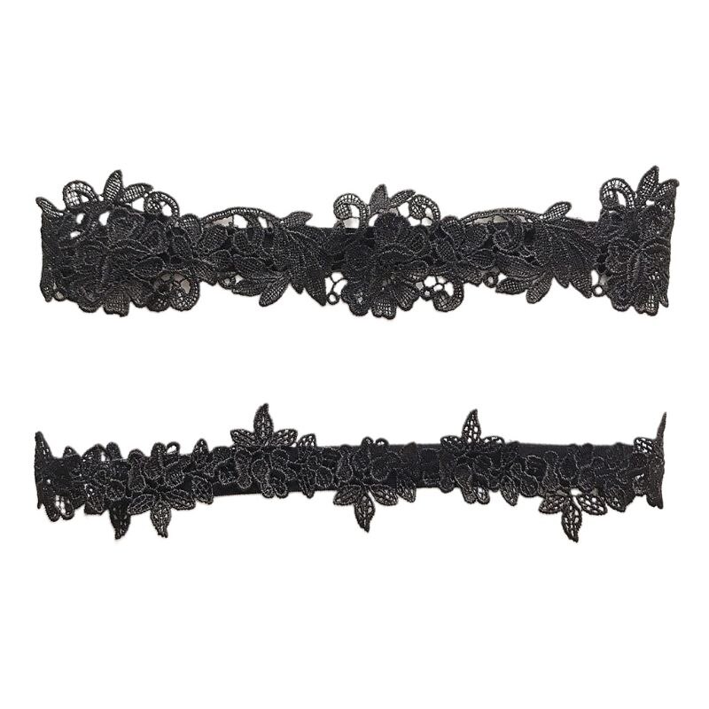 Conjunto de anillos para el muslo de encaje Floral bordado para mujer, banda elástica decorativa para boda y graduación, Color sólido, ligas de pierna sin costuras huecas: Negro