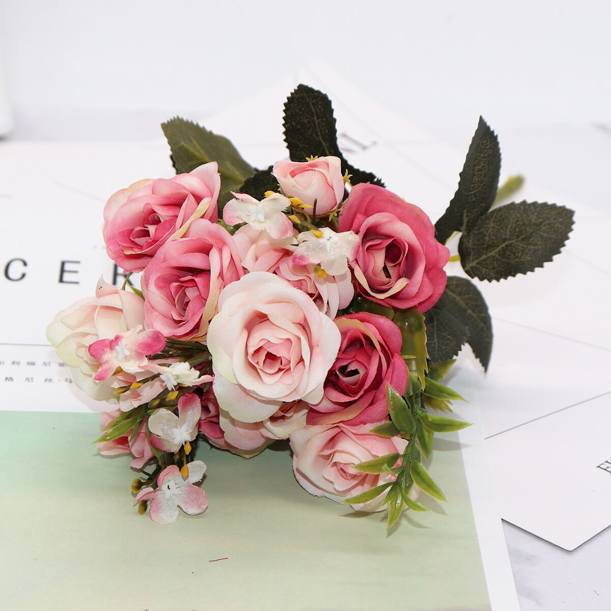 13 huvuden siden rosor brudbukett bröllop juldekoration för hem vas prydnadsväxter blomkruka konstgjorda blommor scrapbooking: 5